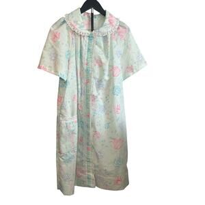 Vintage Floral Snap Front Housecoat Duster Robe Mint Pink Lace Trim